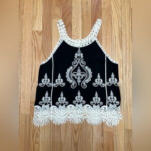 NWOT Ultra Pink Black Top with White Embroidery